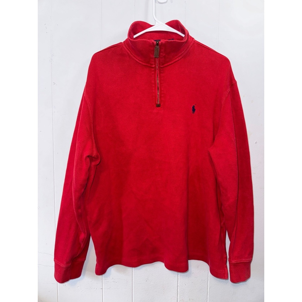 Polo Ralph Lauren Mens Red Quarter Zip Pullover Cotton Sweater Large Navy Pony